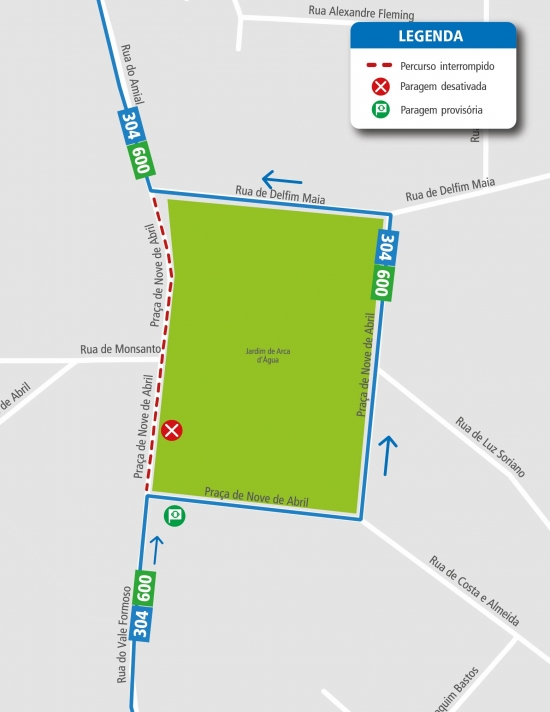 LINHAS 304 - 600- ALTERAÇÃO DE PERCURSO – OBRAS - PR. NOVE DE ABRIL - PORTO