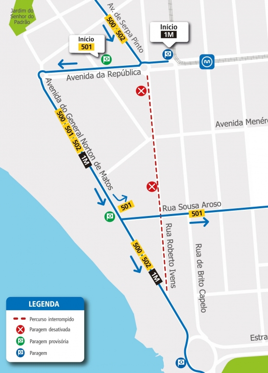 LINHAS 500 - 501 - 502 - 1M  -  ALTERAÇÃO DE PERCURSO - OBRAS - MATOSINHOS
