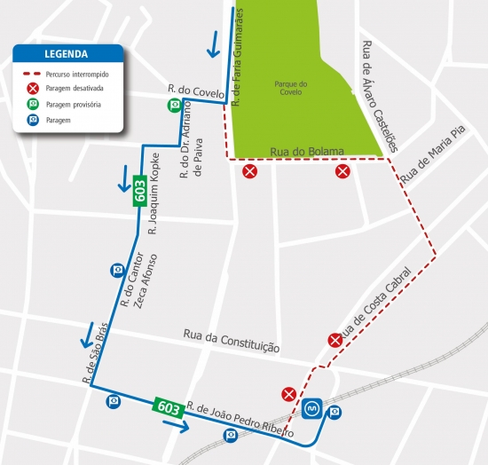 LINHA 603 - ALTERAÇÃO DE PERCURSO – OBRAS - RUA ÁLVARO CASTELÕES - PORTO