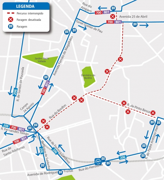 LINES 206 - 700 - 801 - CHANGE OF ROUTE - WORKS - RUA DO BONFIM - PORTO