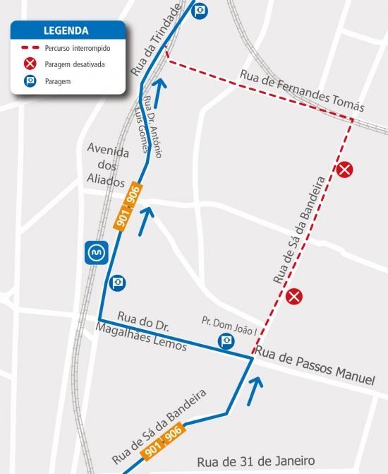 LINHAS 901 – 906 - ALTERAÇÃO DE PERCURSO – OBRAS - RUA FERNANDES TOMÁS - PORTO