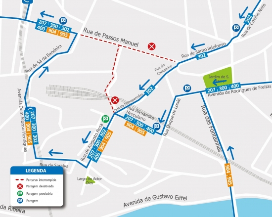 LINES 207 – 300 – 302 – 400 – 904 – 905 - ROUTE CHANGE – CONSTRUCTION WORK - RUA PASSOS MANUEL - PORTO