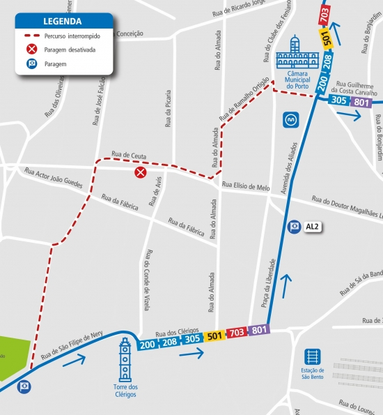 LINES 200 – 208 – 305 – 501 – 703 – 801 - ROUTE CHANGE – CONSTRUCTION WORK - RUA DO ALMADA - PORTO