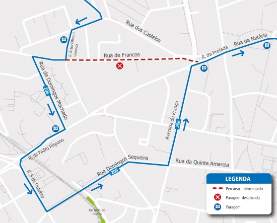 LINHA 206 - ALTERAÇÃO DE PERCURSO – OBRAS - RUA DE FRANCOS - PORTO