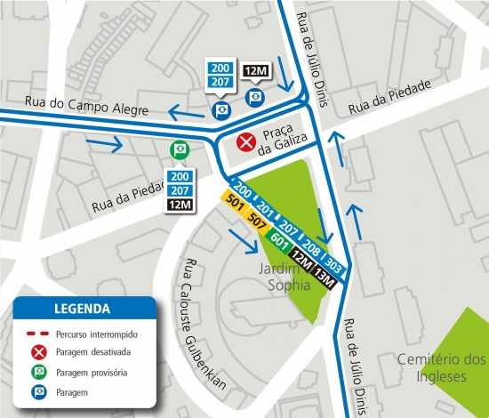 LINHAS 200 - 201 - 207 - 208 - 303 - 501 - 507 - 601 - 12M - 13M - ALTERAÇÃO DE PERCURSO – OBRAS - PR. DA GALIZA - PORTO