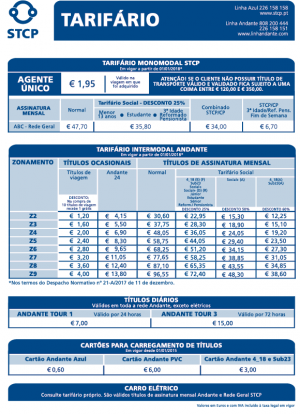 NOVO TARIFÁRIO A PARTIR DE 1 DE JANEIRO de 2018